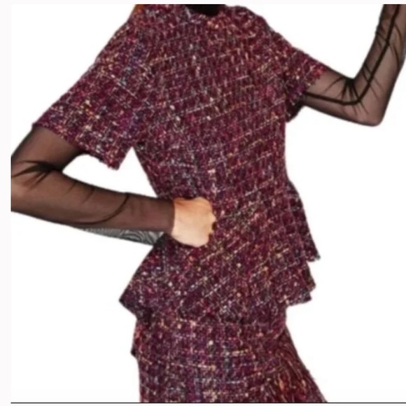 Zara multicolor raw hem tweed keyhole back peplum size M - Picture 3 of 16